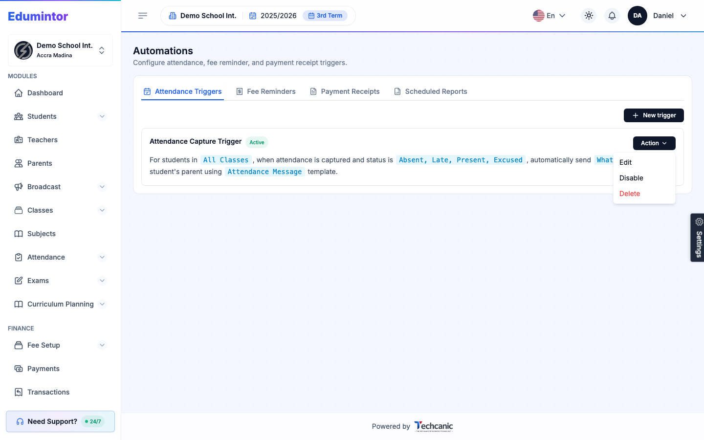A trigger's Action dropdown open, showing Edit, Disable, and Delete