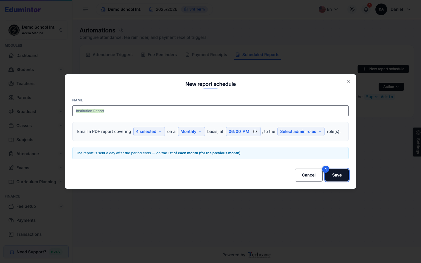 The New report schedule form covering categories, frequency, time, and recipient roles