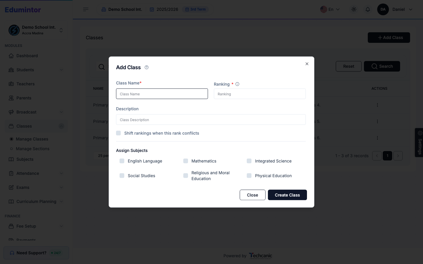 The Add Class form with name, ranking, and subject-assignment fields