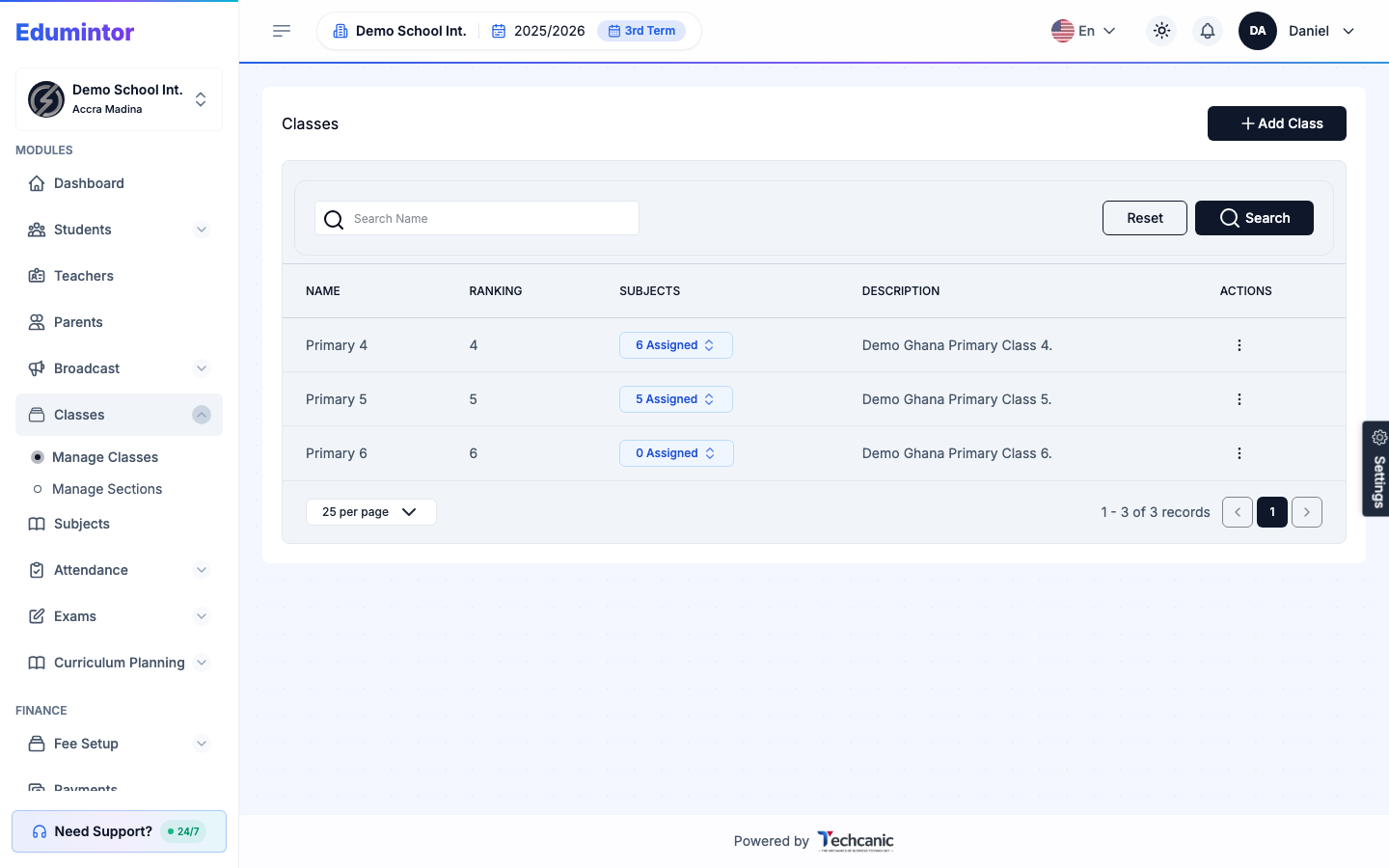 The Classes list with a RANKING column that controls display order in dropdowns and reports