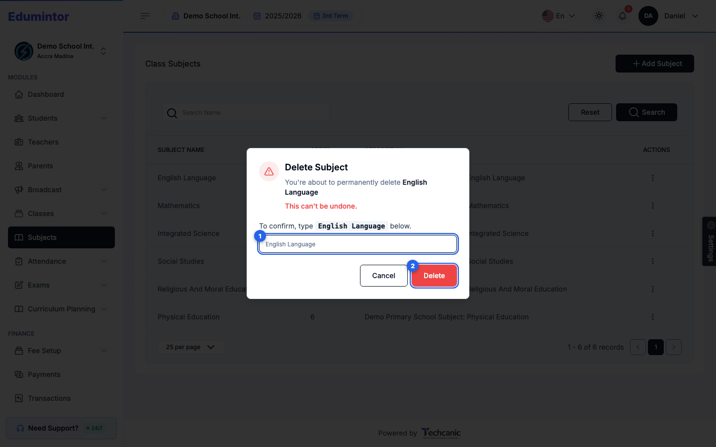 The Delete Subject confirmation dialog with the name typed in and the Delete button enabled
