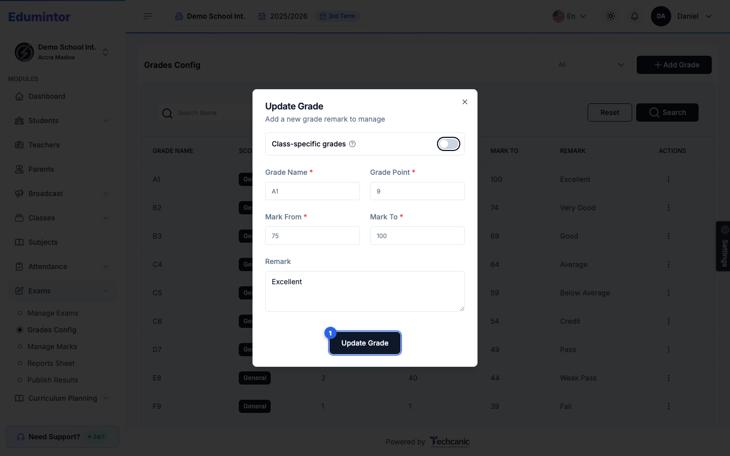 The Update Grade form with the Update Grade button highlighted