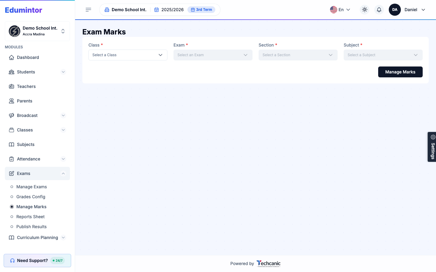 The Exam Marks screen: select class, exam, section, and subject to manage marks