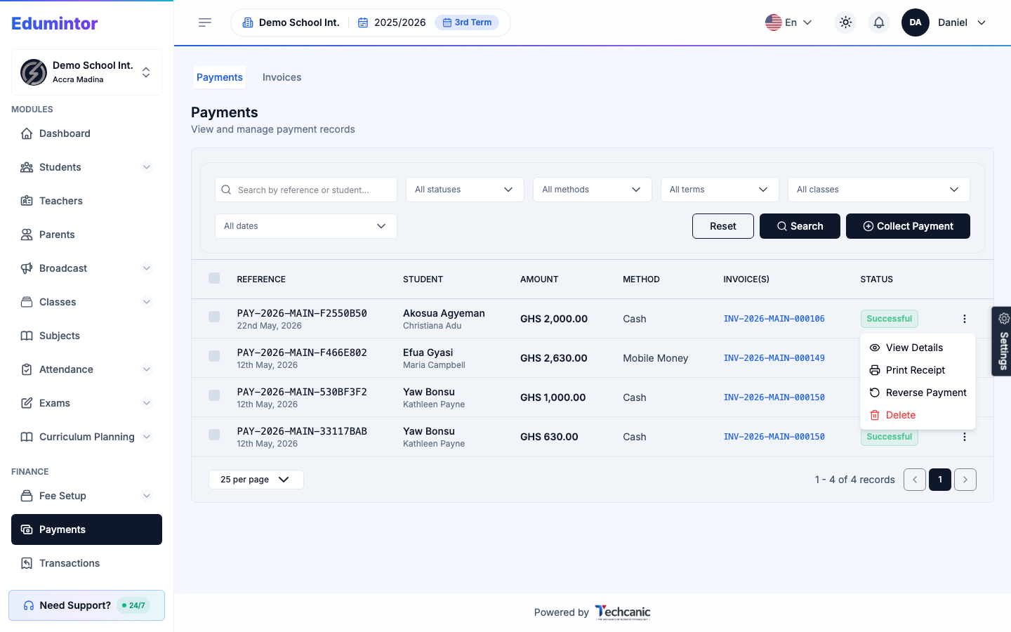 The payment row actions menu, including Reverse Payment
