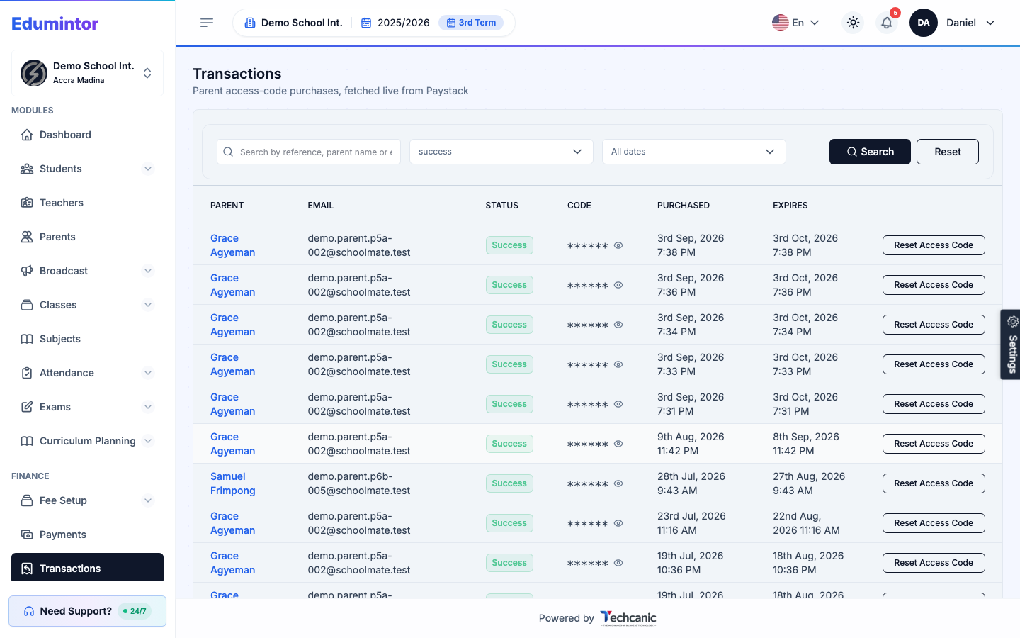 The Transactions list showing parent, status, code, and Reset Access Code per row