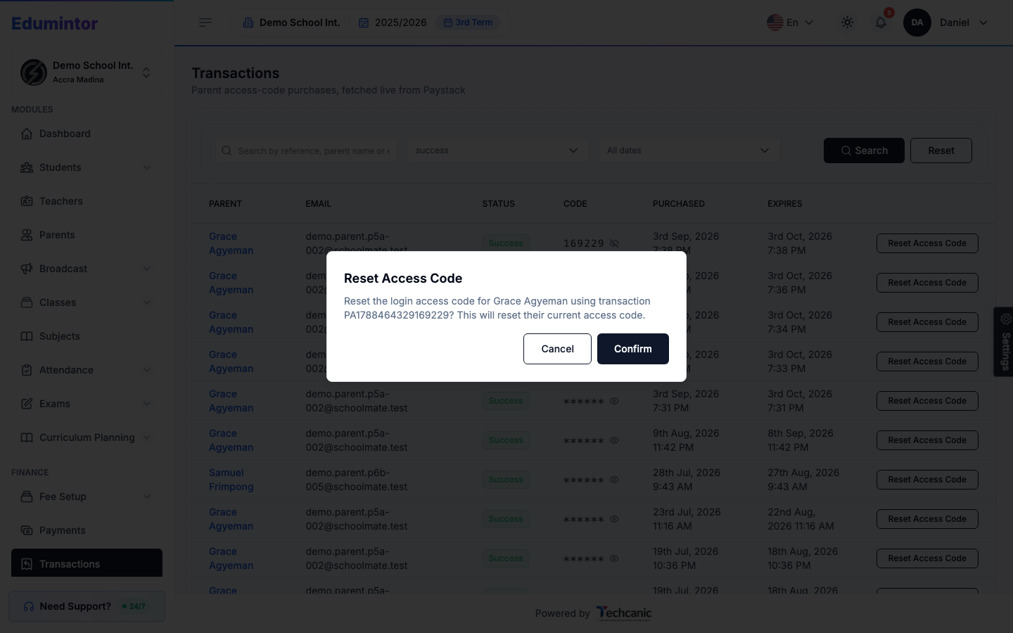 The Reset Access Code confirmation dialog naming the parent and transaction reference