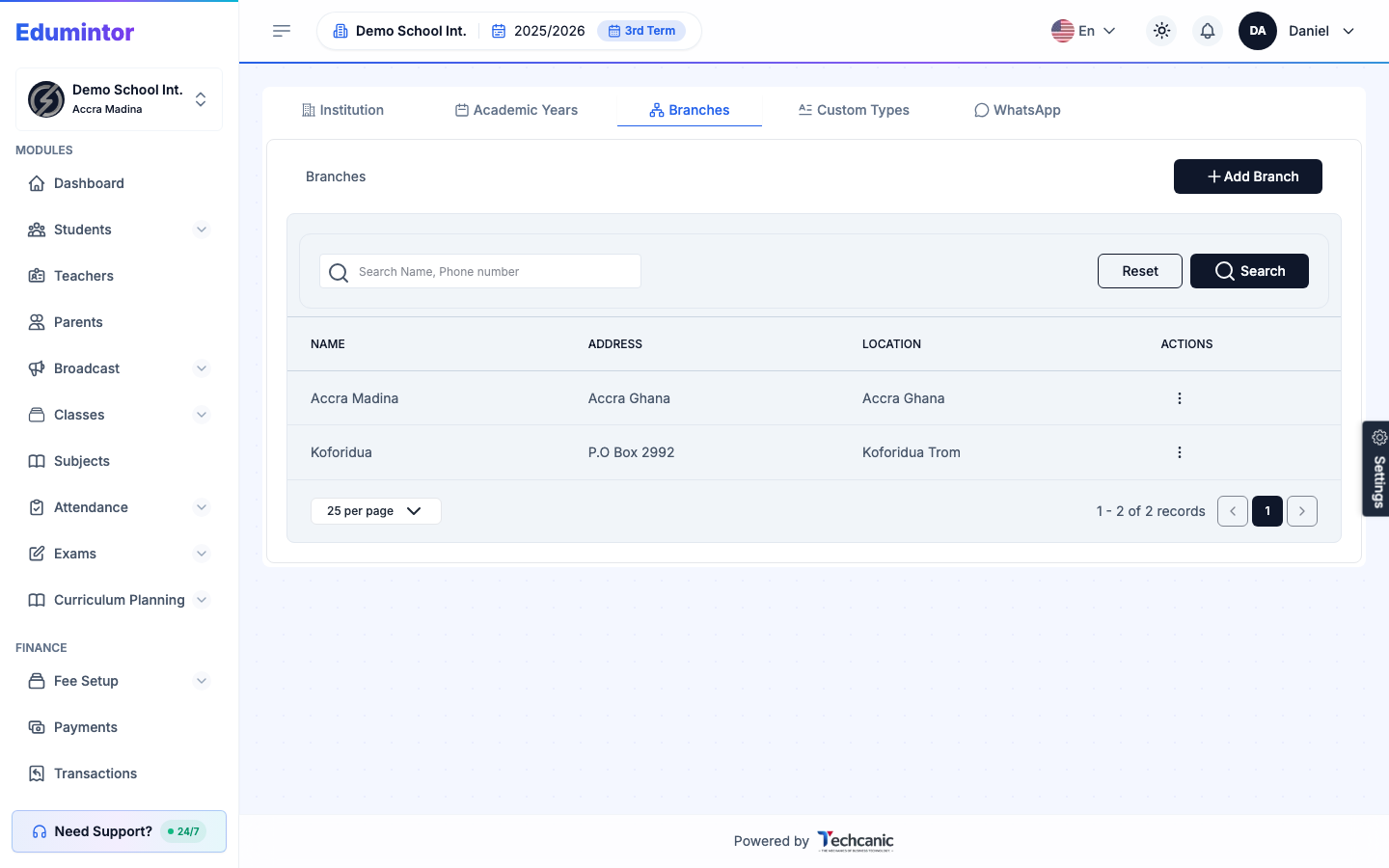 The Branches tab under organization settings, listing two branches for this school