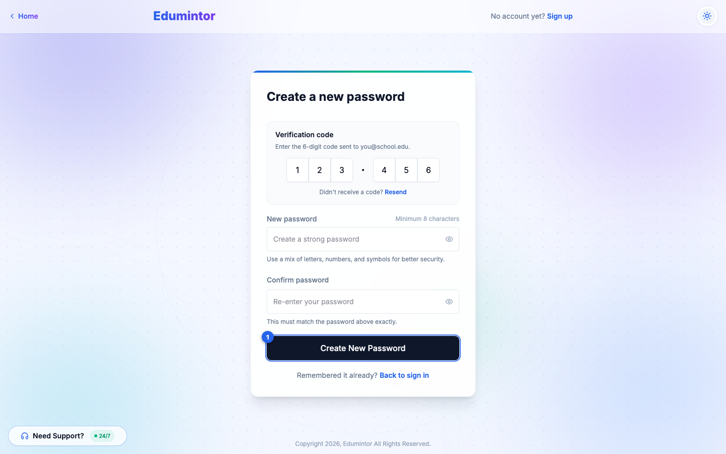 The Create a new password screen with the verification code, new password fields, and Create New Password button highlighted