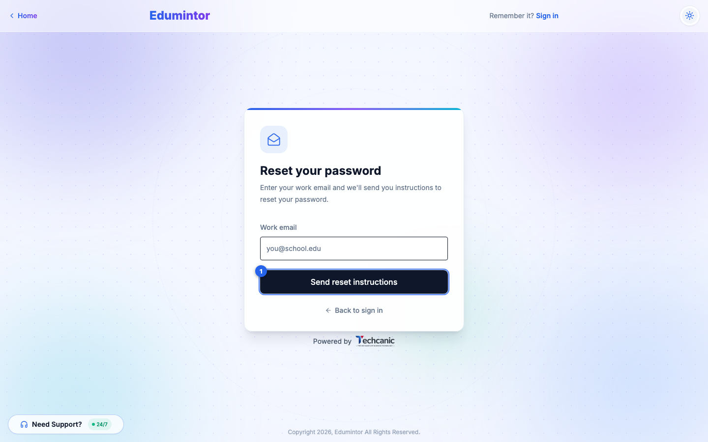 The Reset your password form with the Send reset instructions button highlighted