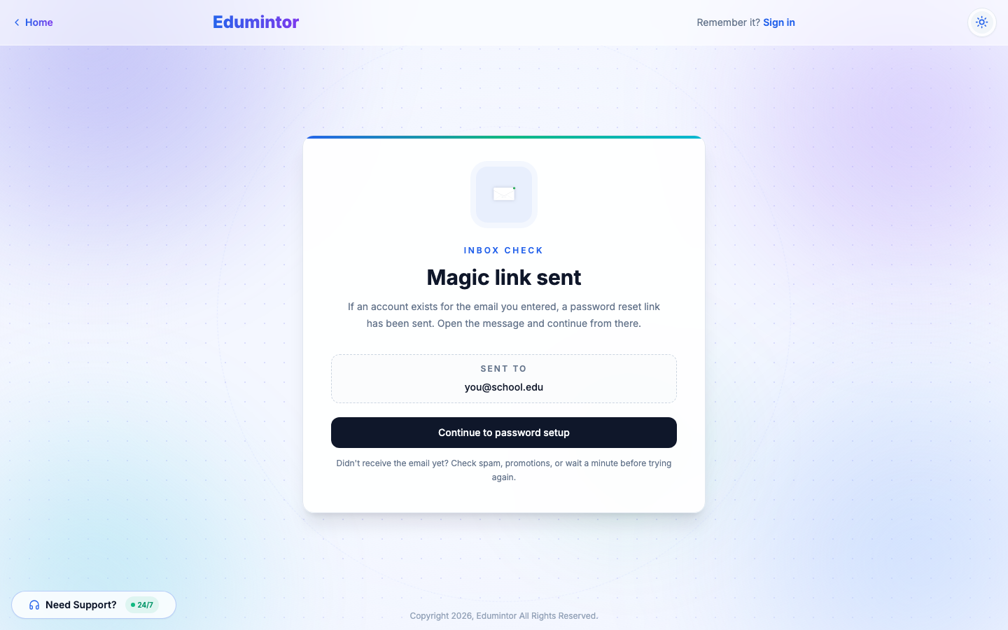The Inbox Check confirmation showing the email address the reset link was sent to