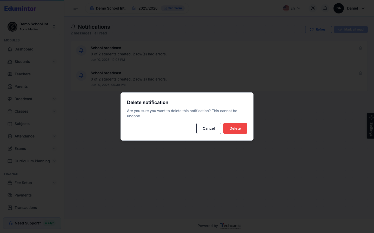 The Delete notification confirmation dialog, warning this cannot be undone