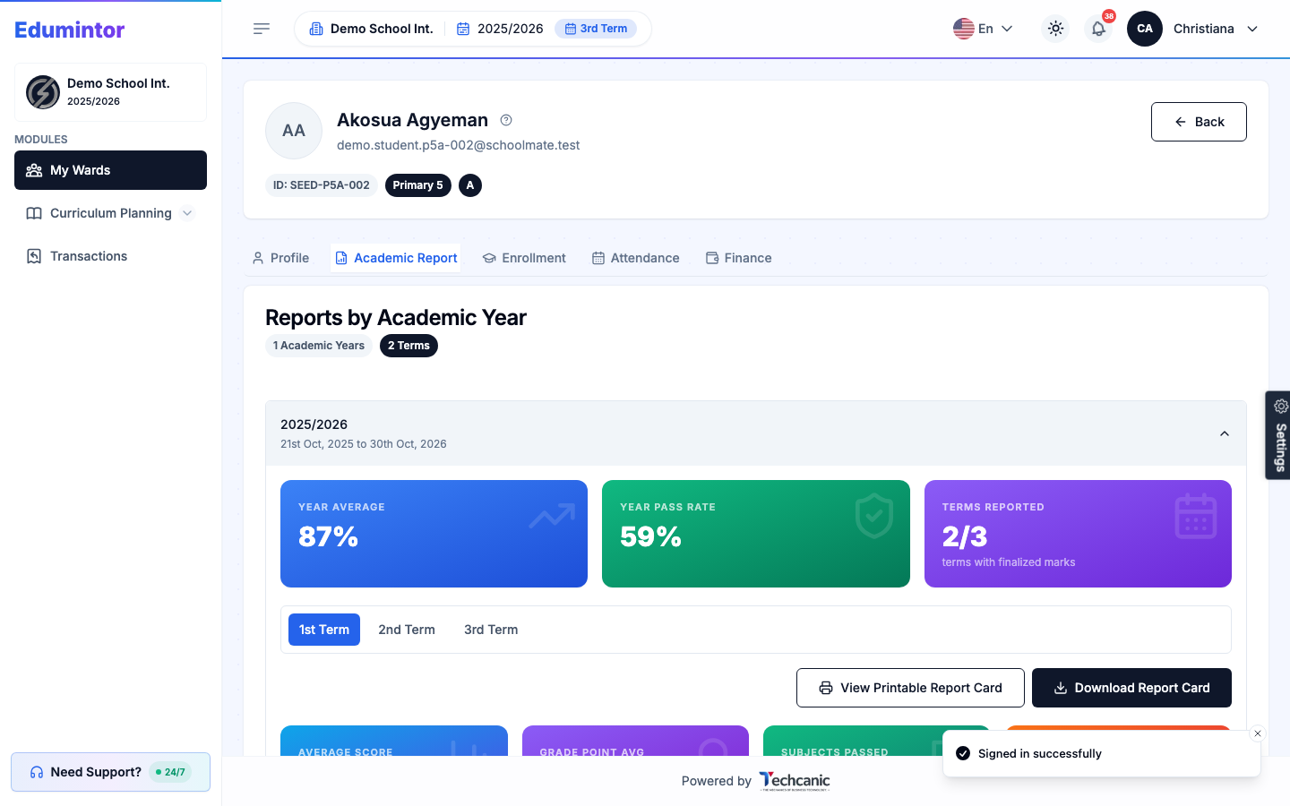 The Academic Report tab showing Year Average and Year Pass Rate cards for the current academic year