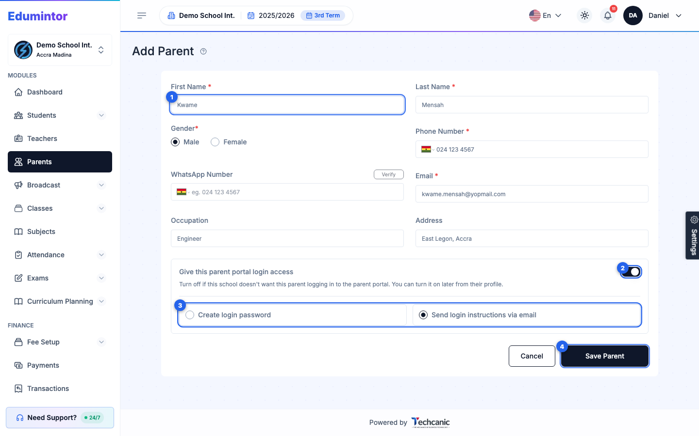 The Add Parent form with the name fields, login access switch, password options, and Save Parent highlighted
