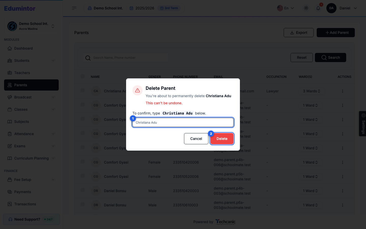 The Delete Parent confirmation dialog with the name typed in and the Delete button enabled