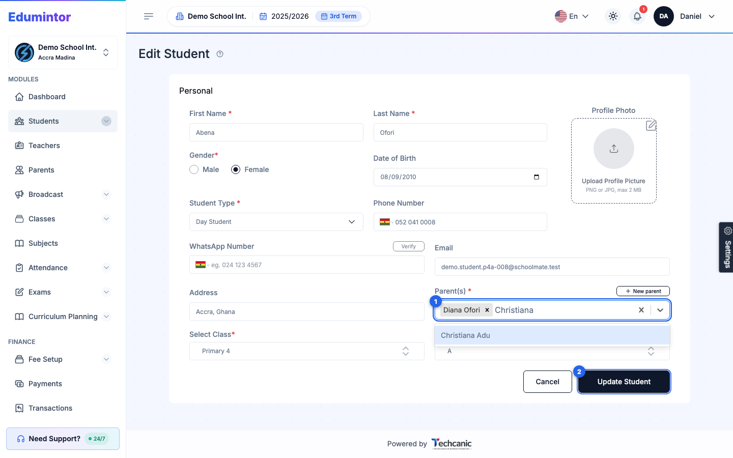The Edit Student form with a second parent being added in the Parent(s) field and Update Student highlighted