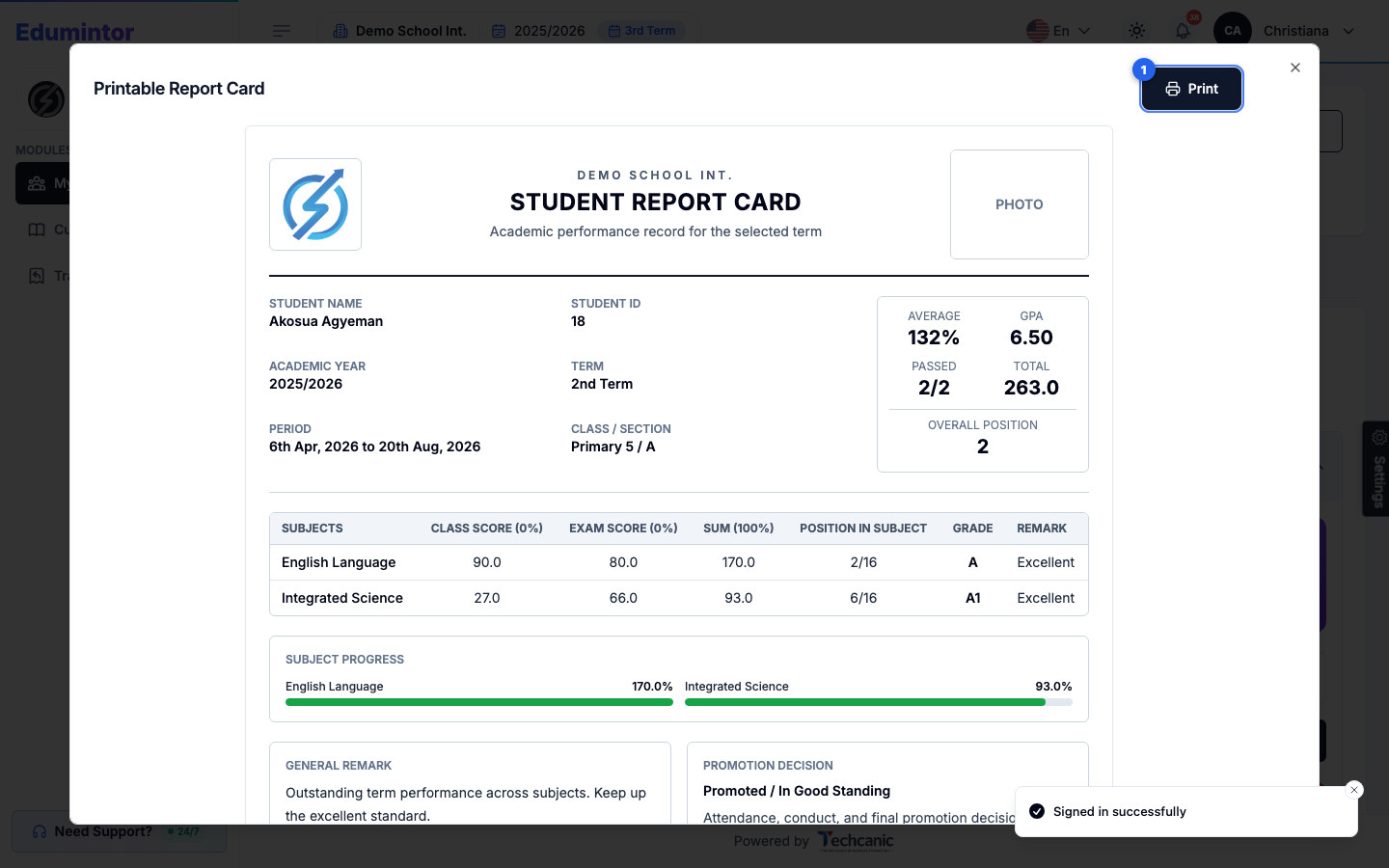 The Printable Report Card window with the Print button highlighted