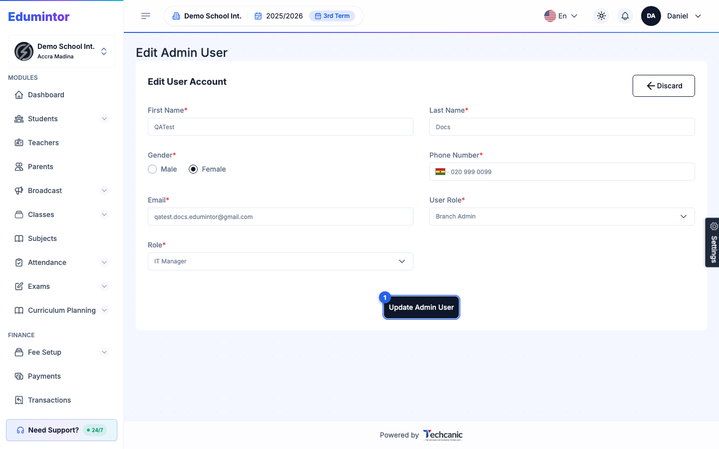 The Edit Admin User form with name, contact, User Role, and Role fields