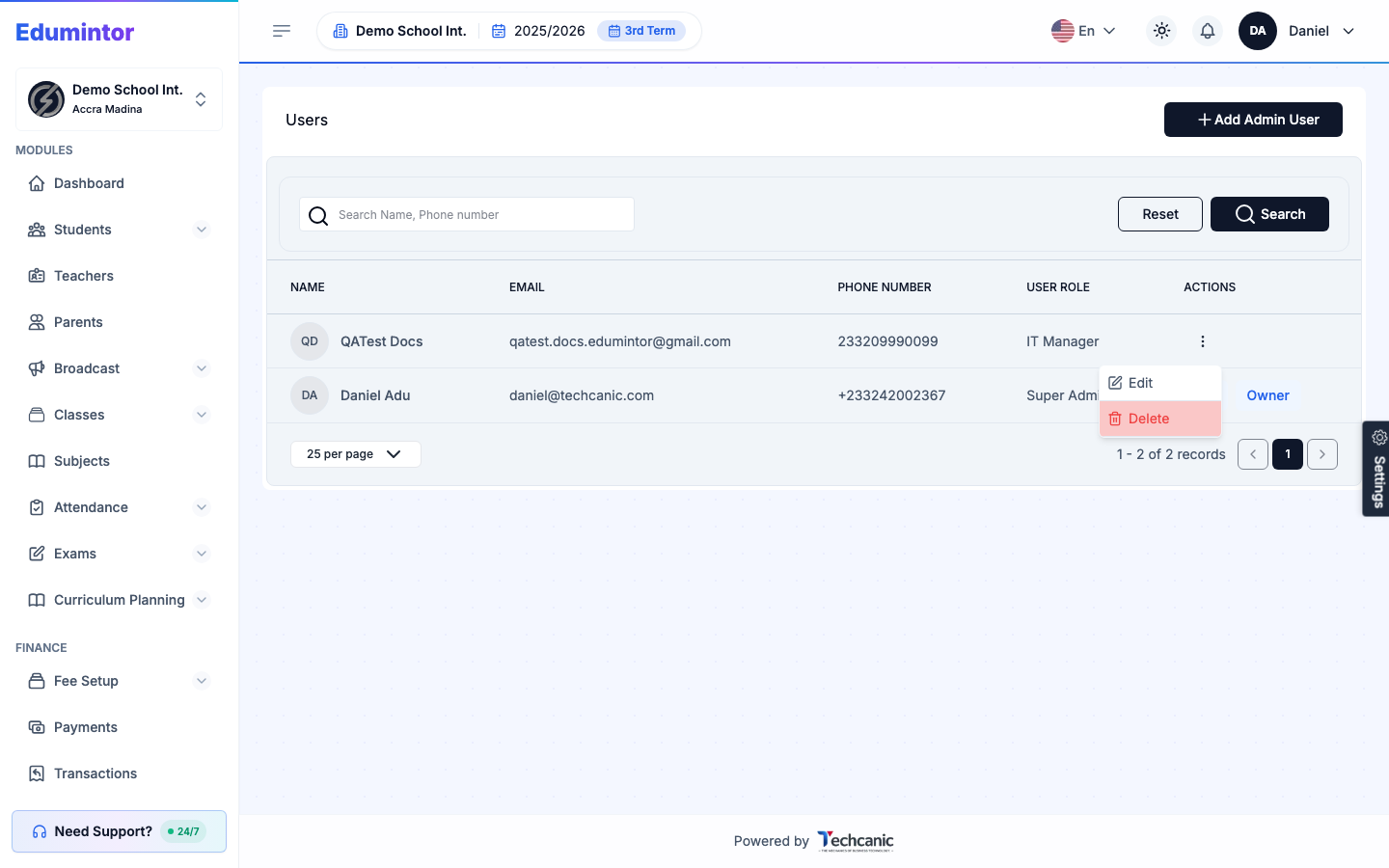 The Users row menu open, showing Edit and Delete