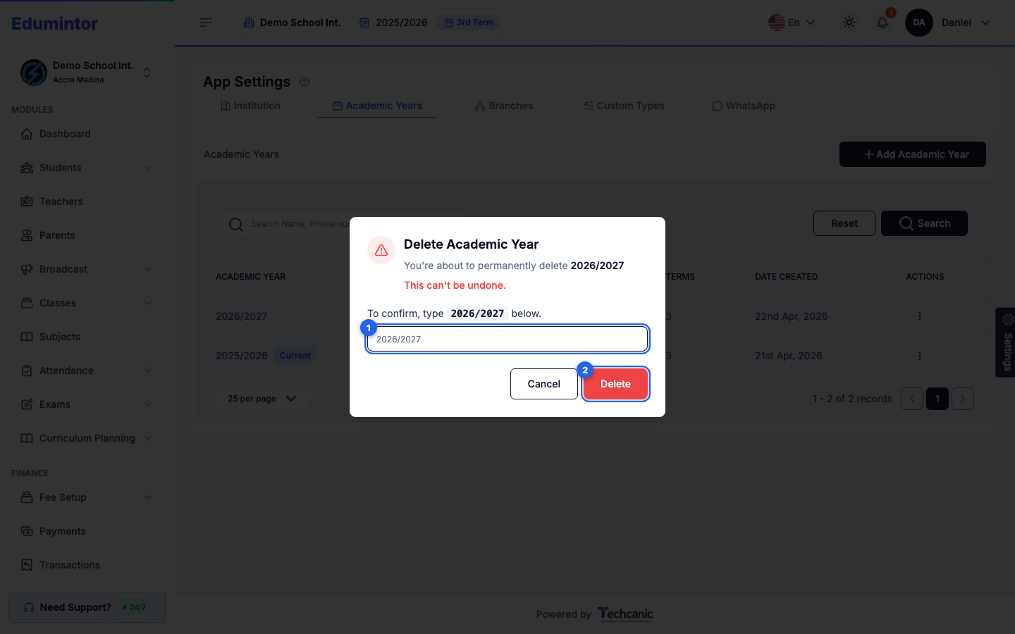 The Delete Academic Year confirmation dialog with the year's name typed in and the Delete button enabled
