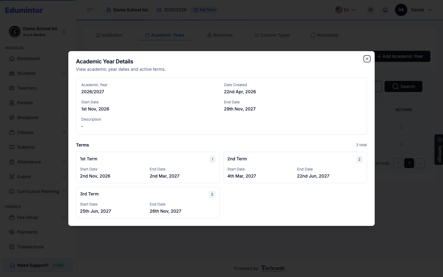 The Academic Year Details view showing dates and terms