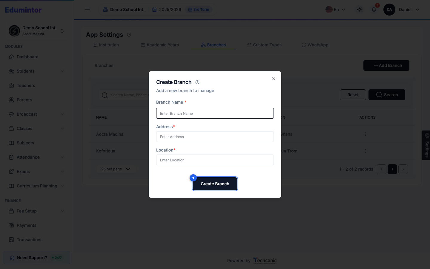 The Create Branch form with name, address, and location fields