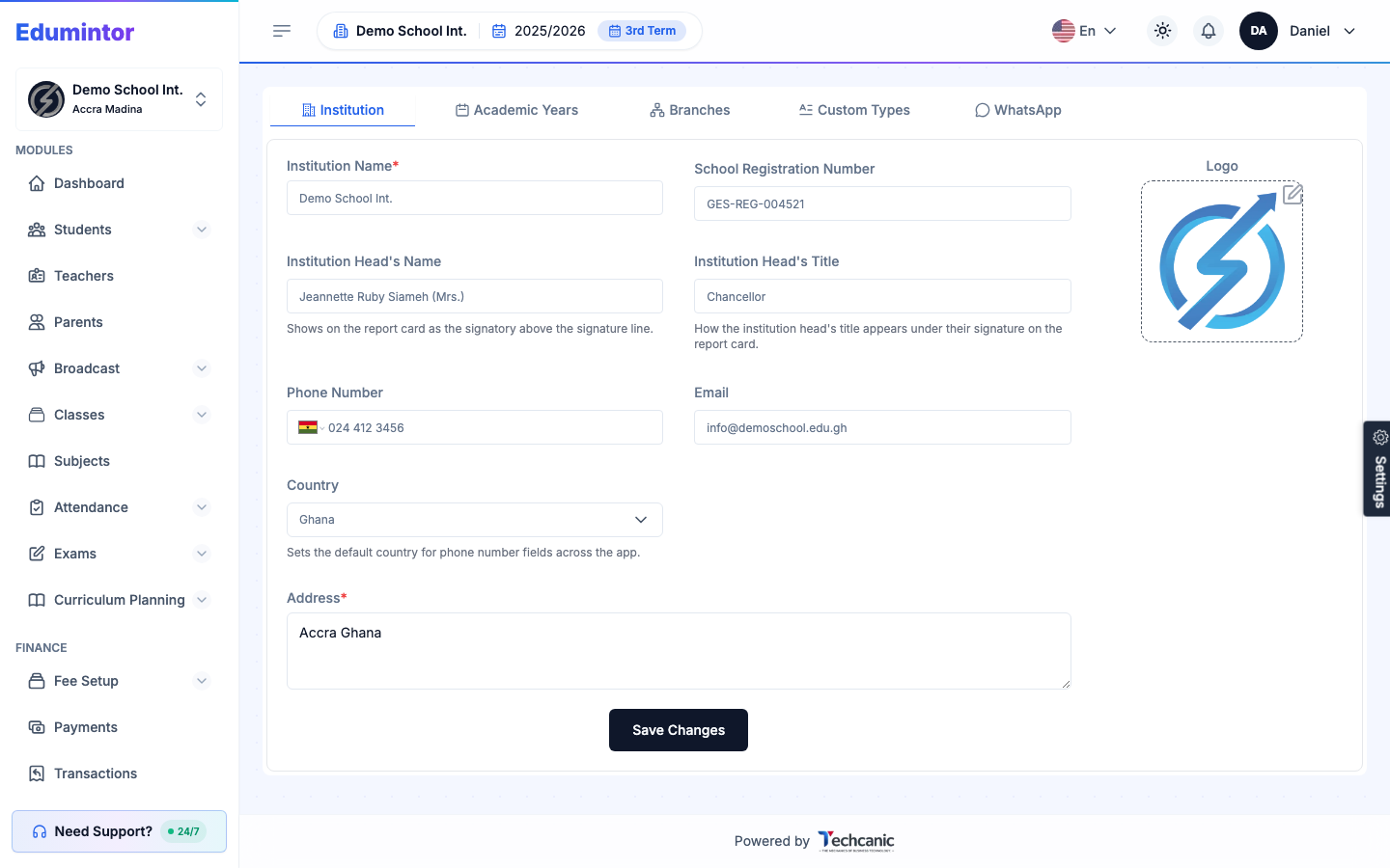 The Institution tab under organization settings
