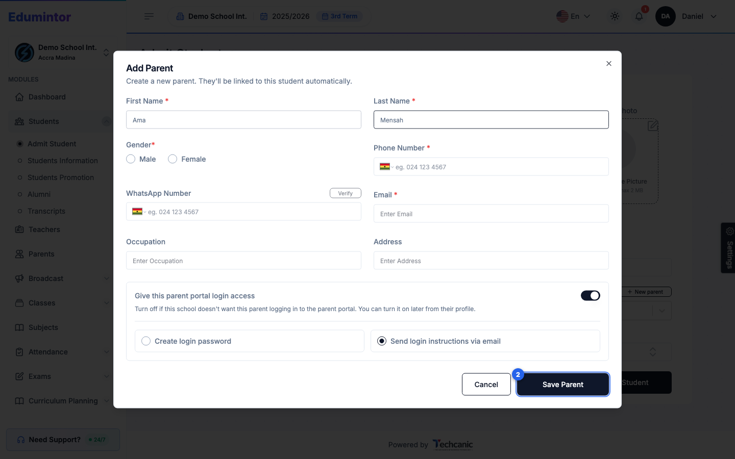 The Add Parent window over the Admit Student form, with Save Parent highlighted