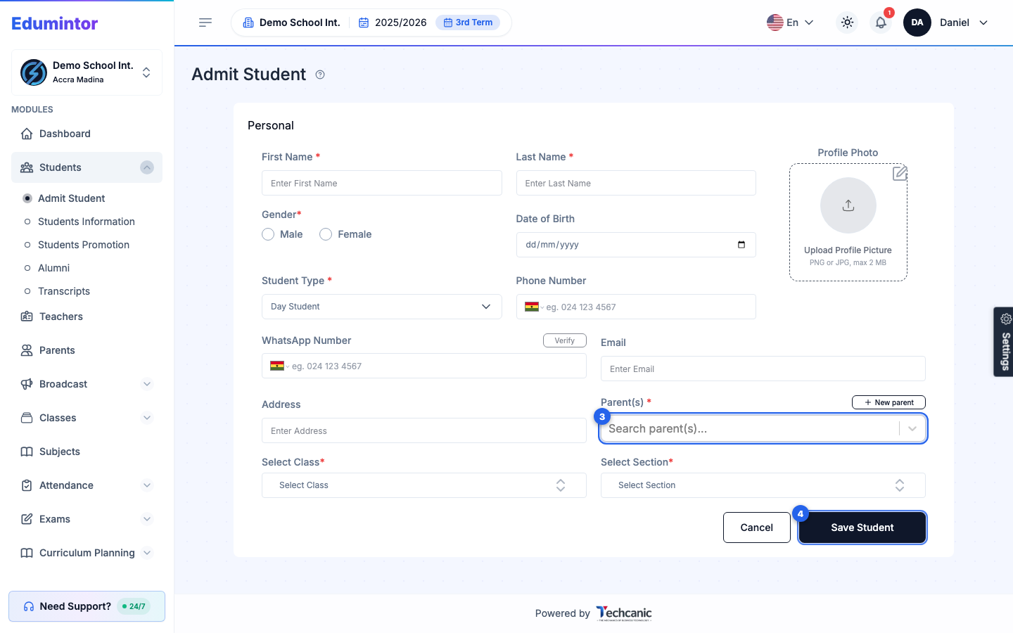 The Admit Student form with Parent(s) field and Save Student button highlighted
