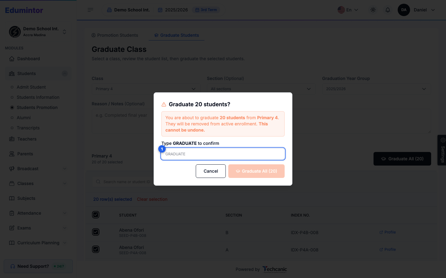The graduation confirmation dialog requiring GRADUATE to be typed before confirming