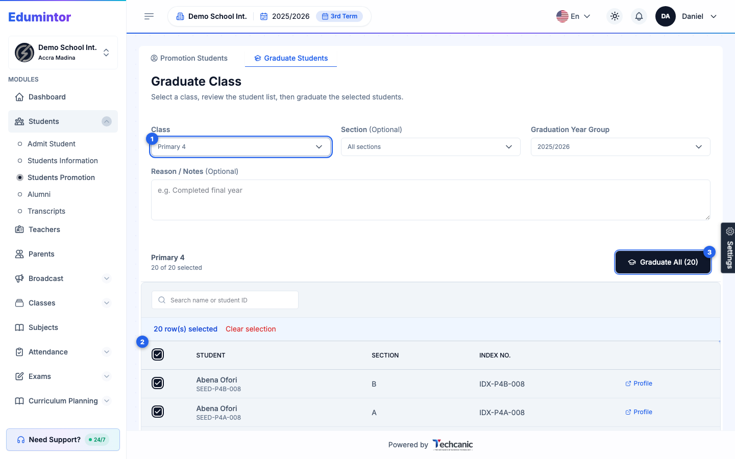 The Graduate Class screen with the class selector, student list, and Graduate All button highlighted