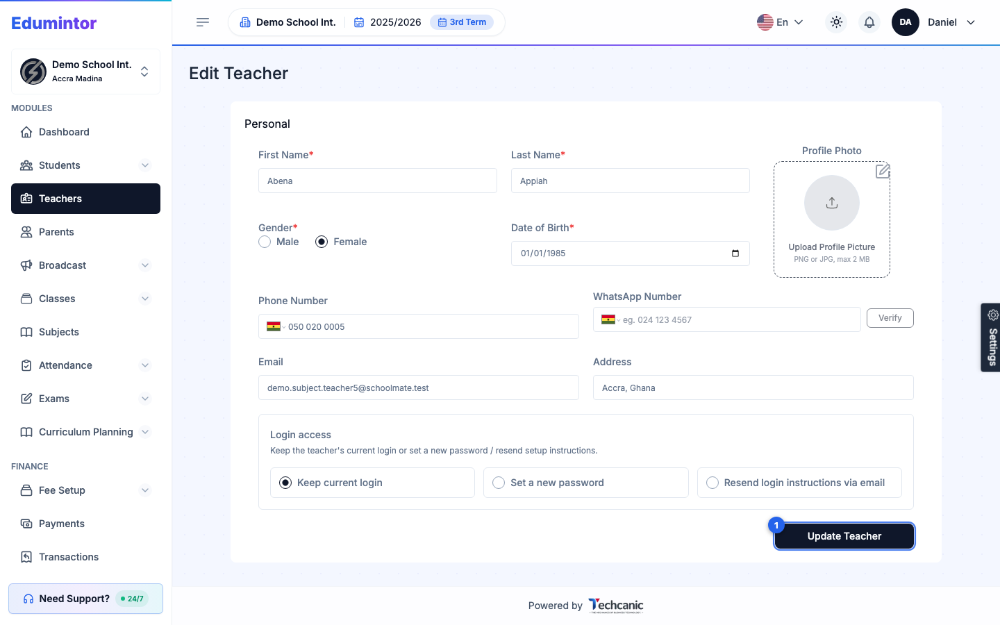 The Edit Teacher form with the Update Teacher button highlighted