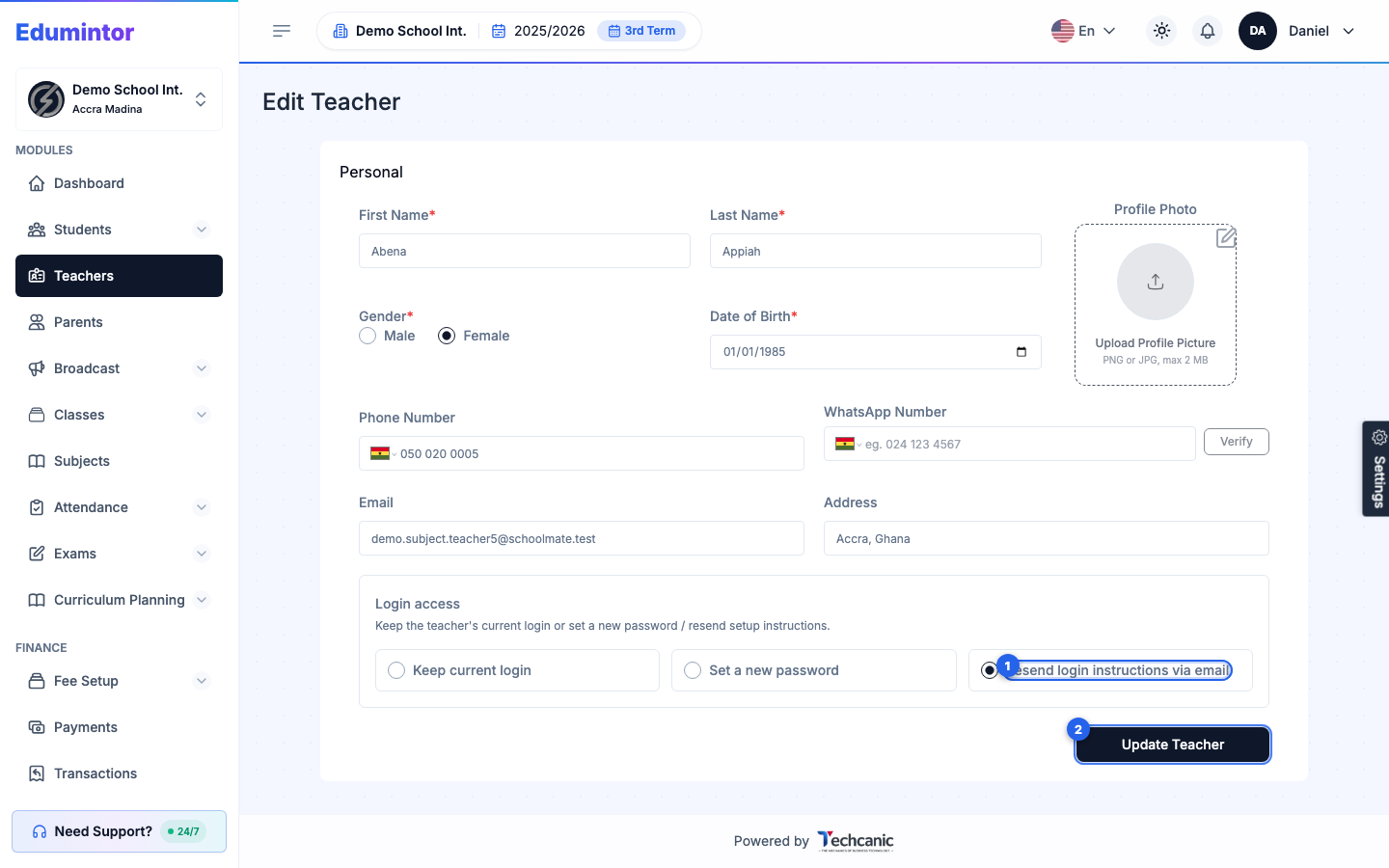 Editing a teacher with "Resend login instructions via email" selected under Login access