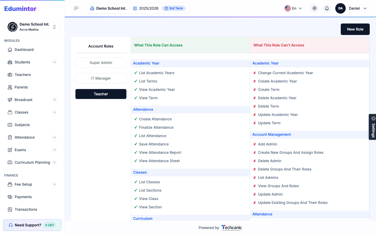 The Teacher role's permissions — what a teacher account can and can't access